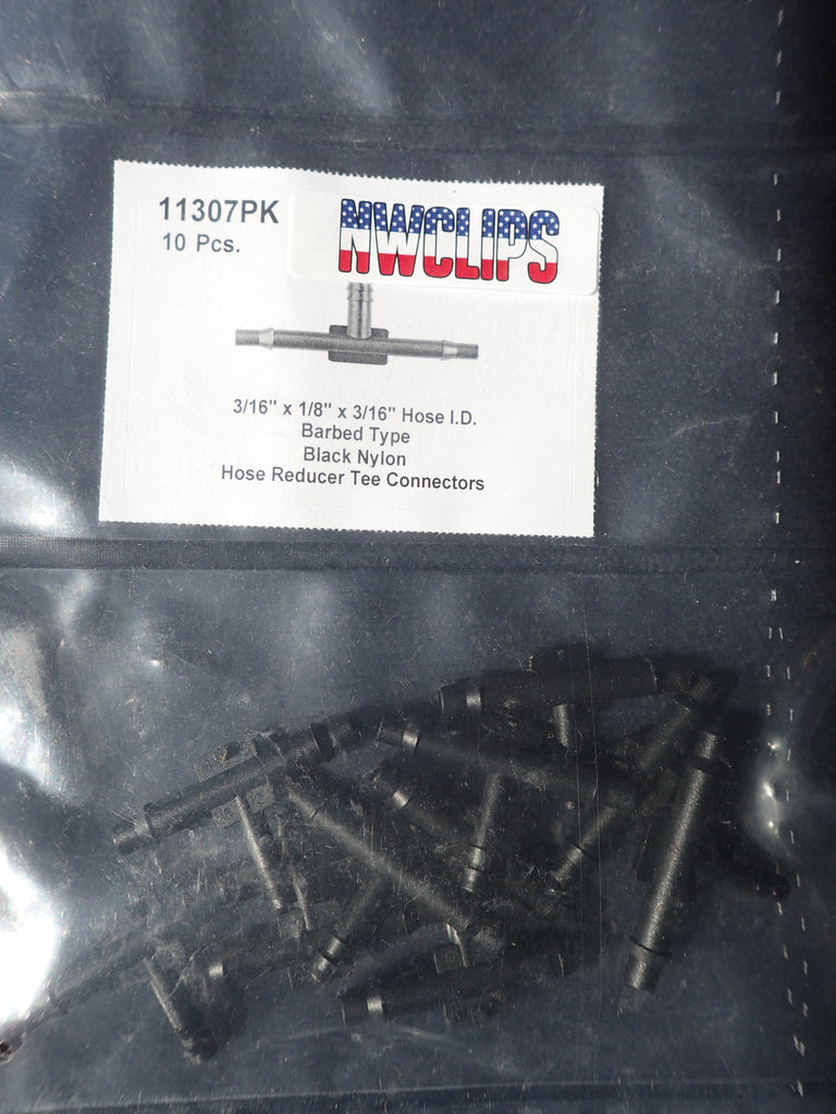 8675-11307 Black Nylon T-Vacuum Line Reducer 3/16" x 1/8" x 3/16" Hose ID 10ct