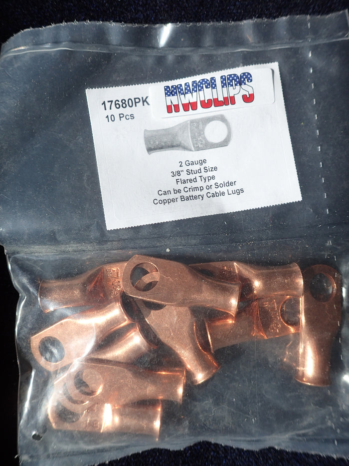 8804-17680: Flared End Copper Battery Cable Lugs: 2 Gauge 10ct