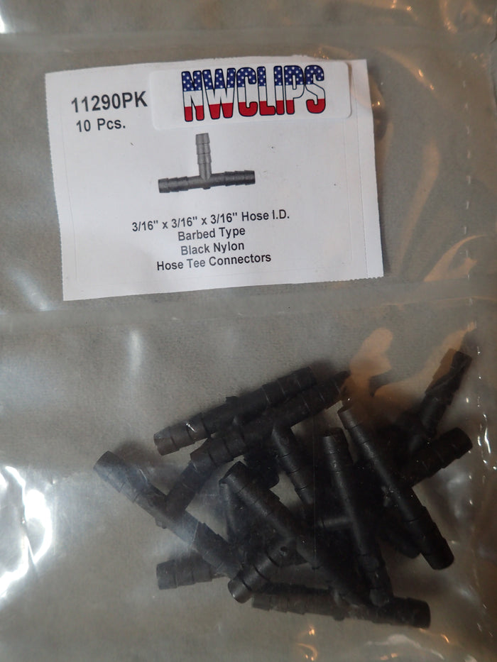 8675-11290 Black Nylon Vacuum T-Connecter 3/16" x 3/16" x 3/16" Hose ID 10ct