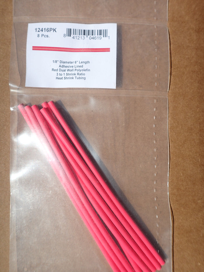 8680-12416: Red Six-Inch Dual Wall Shrink Tubing 1/8" 8ct