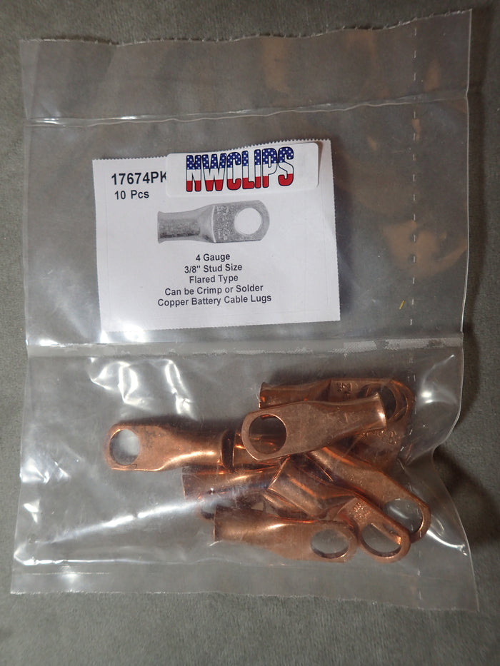 8804-17674: Flared End Copper Battery Cable Lugs: 4 Gauge 10ct