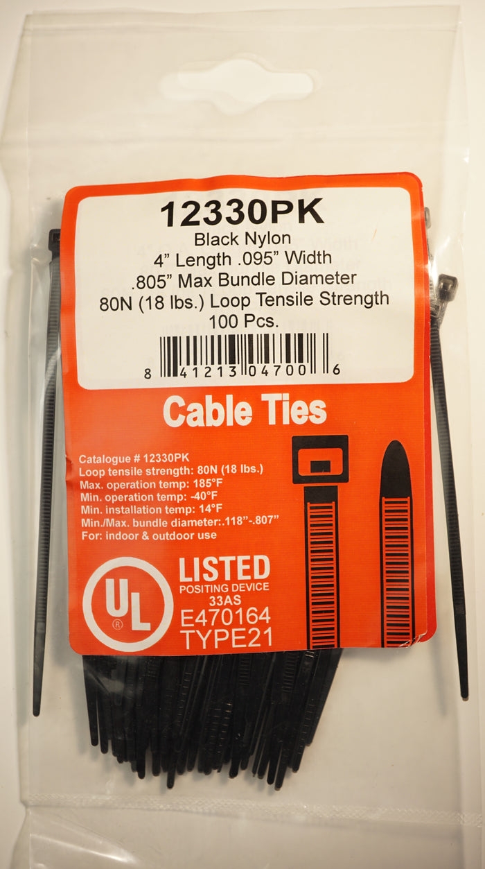 8697-12330: 4" Standard Duty Nylon Cable Tie Wrap 100ct