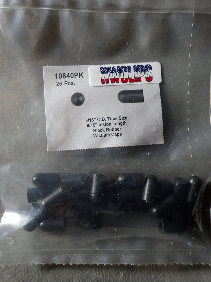 8675-10640 Black Rubber Vacuum Caps 3/16" OD Short Tube 25ct