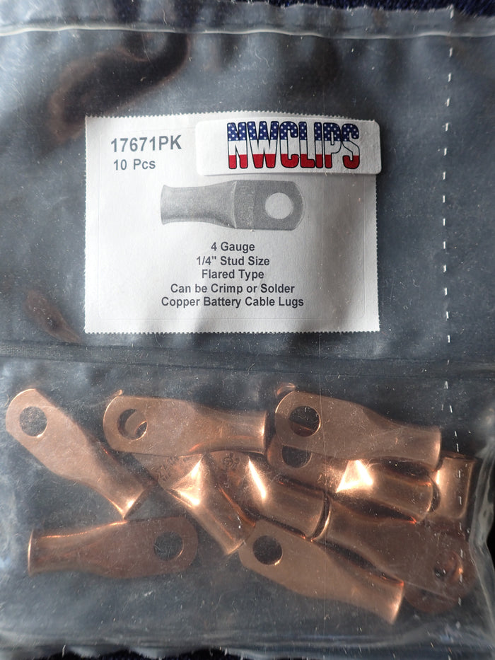 8804-17671: Flared End Copper Battery Cable Lugs: 4 Gauge 10ct